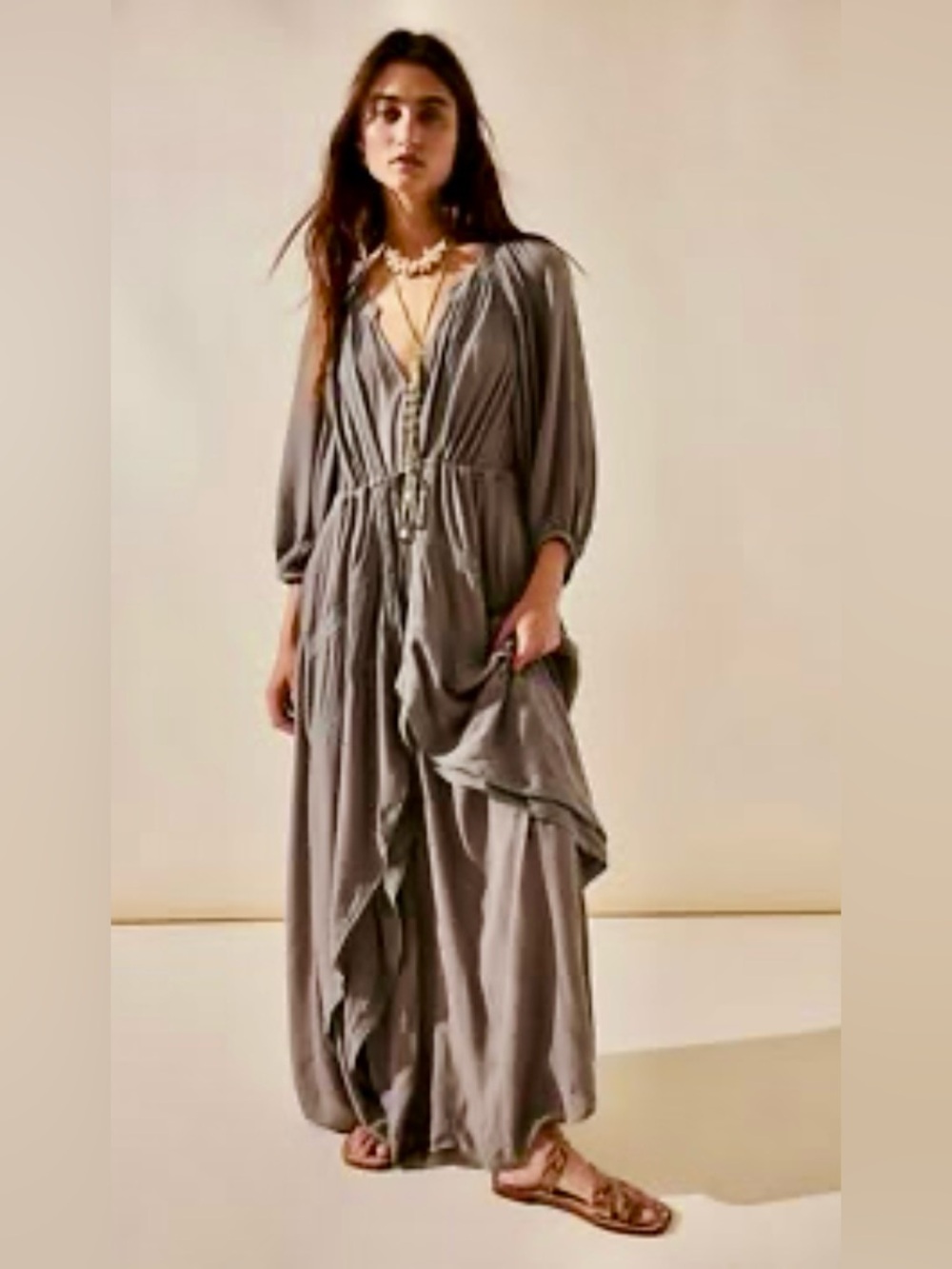 NWT Free People Turquoise V-Neck Tie-Waist Maxi Dress - Picture 6 of 14